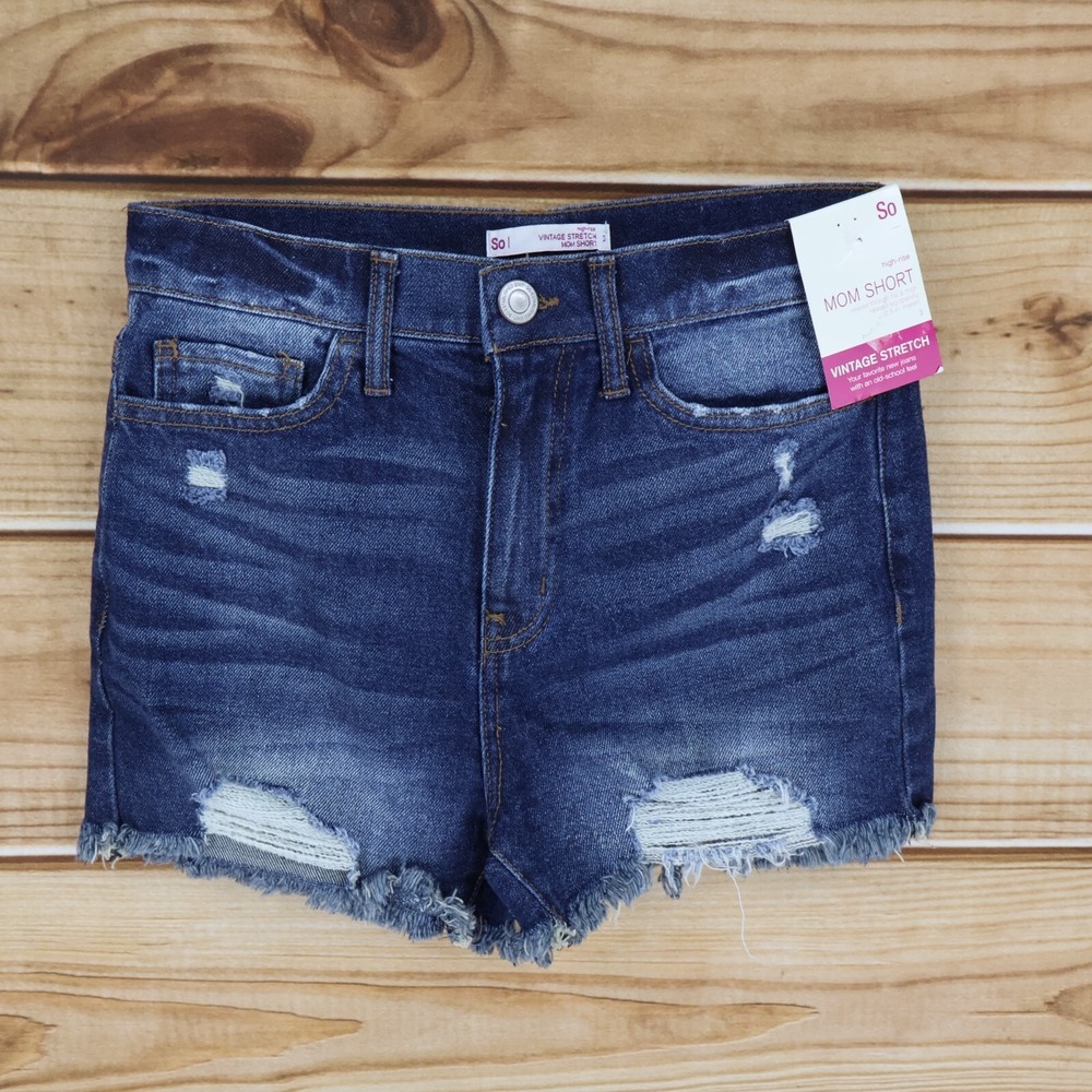 SO Mom Jean Shorts Vintage Stretch High‎ Rise Juniors 3 Dark Blue Distressed NWT